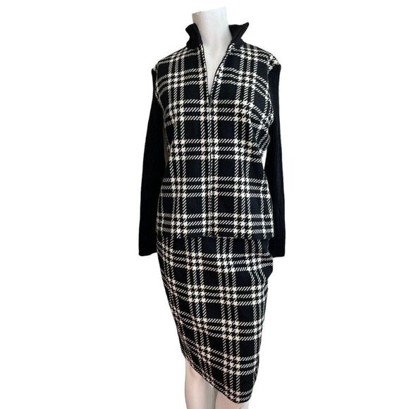 KATE HILL 6 Black White Houndstooth Wool Full Zip Cardigan Jacket W Skirt Suit - Picture 1 of 8